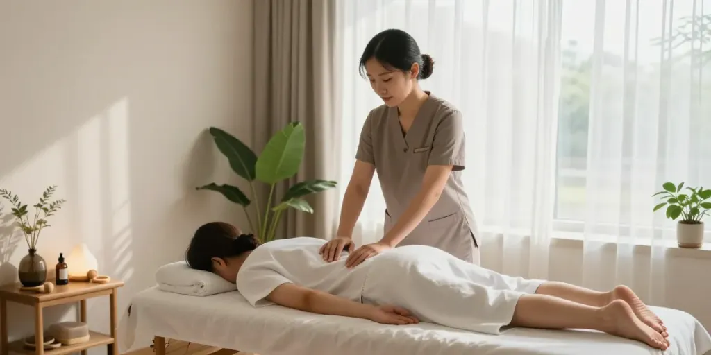 Experience 방이동출장안마 in a tranquil setting with a therapist and client, evoking relaxation and comfort.