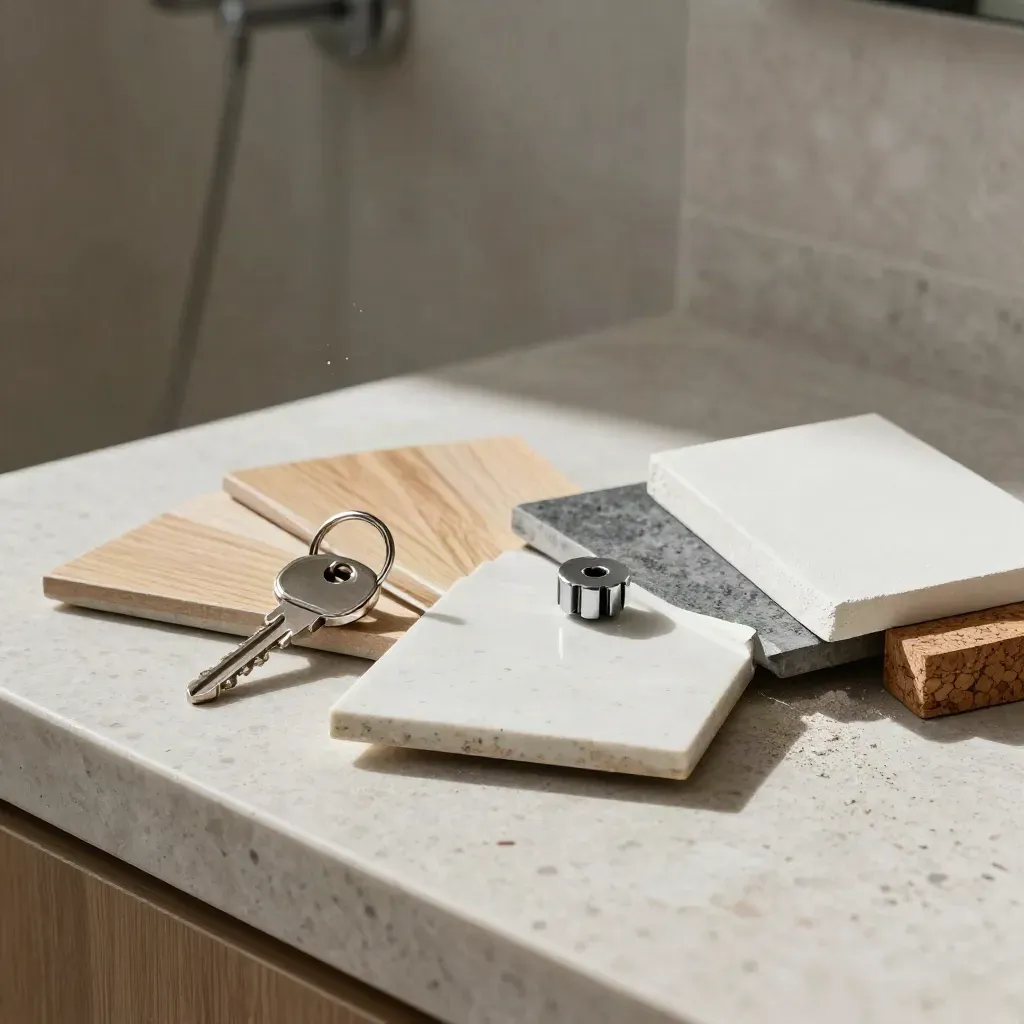 Kit de reforma con azulejos, madera y llave sobre travertino, con polvo en suspensión.