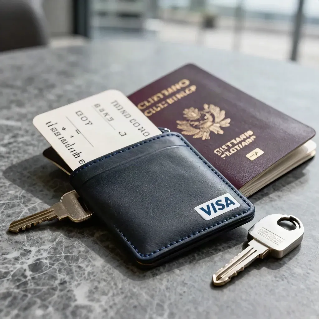 Tarjeta Visa en cuero oscuro con pasaporte y llave de maleta sobre mármol gris.