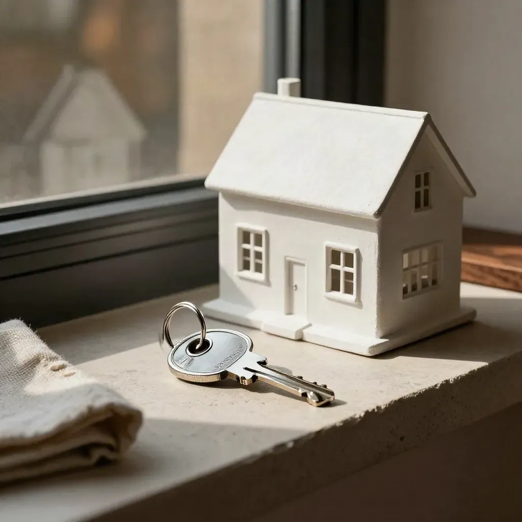 Llaves de vivienda nueva y maqueta de fachada junto a una ventana oscura.