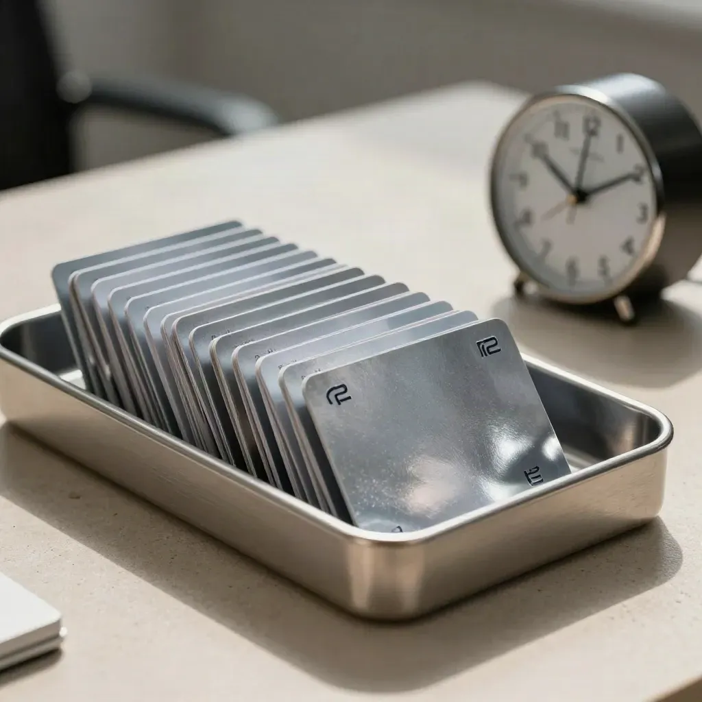Tarjetas de transferencia alineadas en una bandeja metálica junto a un reloj de sobremesa.