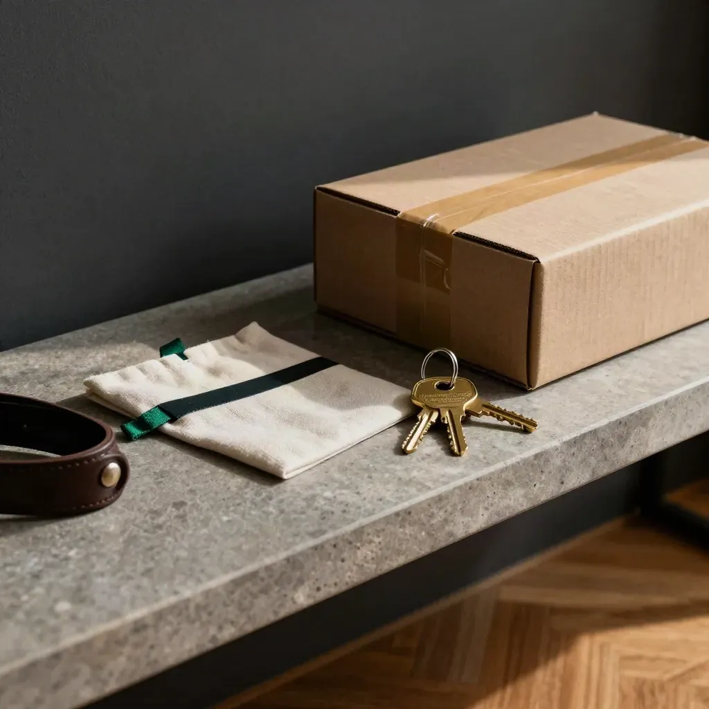Entrada bilbaína con tarjeta, caja de envío cerrada y llaves nuevas sobre consola de piedra.