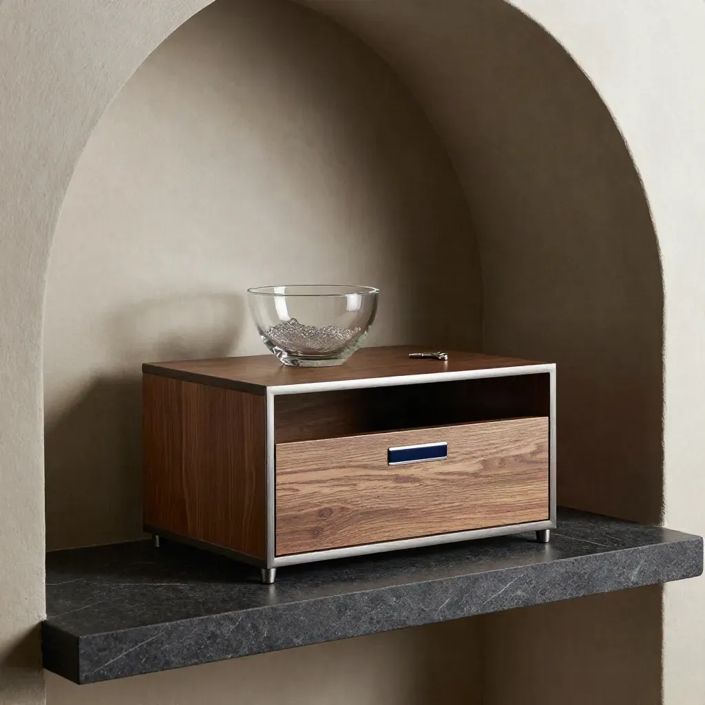 Rincón de ahorro en Zaragoza con caja modular, cuenco de cristal y llave sobre piedra oscura.