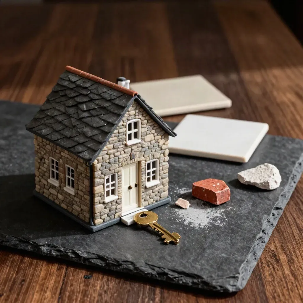 Casa miniatura, llave y muestras de ladrillo y cerámica sobre mesa oscura, luz dramática.