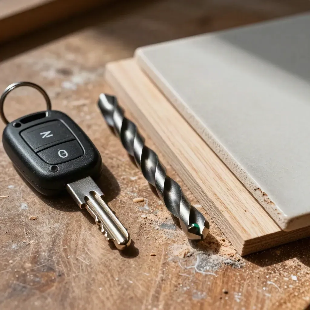 Llave de coche, muestra de madera, broca y baldosa sobre banco de trabajo.