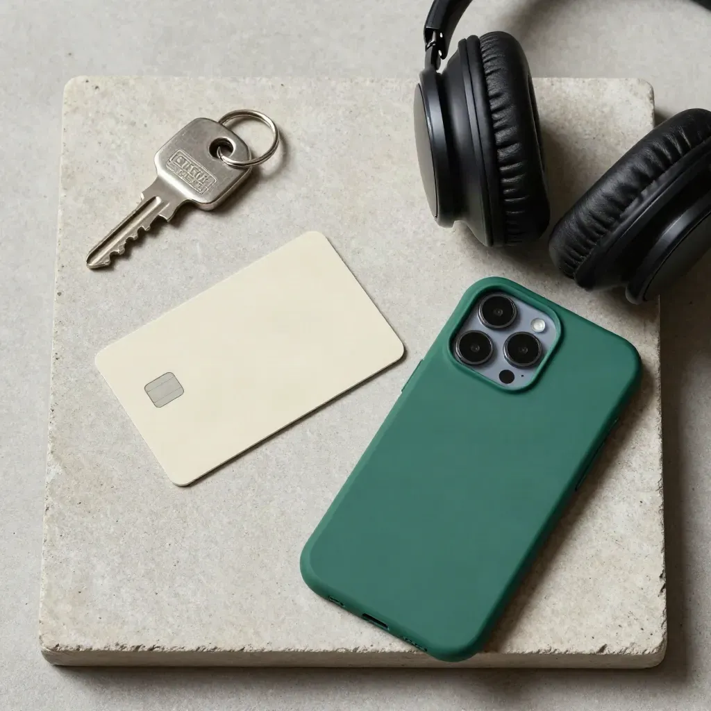 Vista cenital de tarjeta contactless, llavero, auriculares y funda rígida sobre bandeja de piedra.
