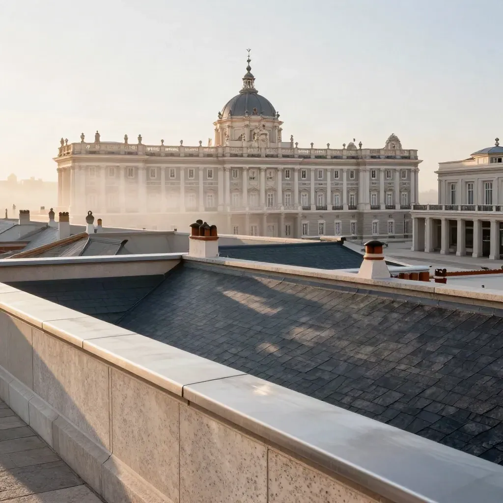 Vista de Madrid al amanecer con la cúpula del Palacio Real y tejados de granito con niebla suave.