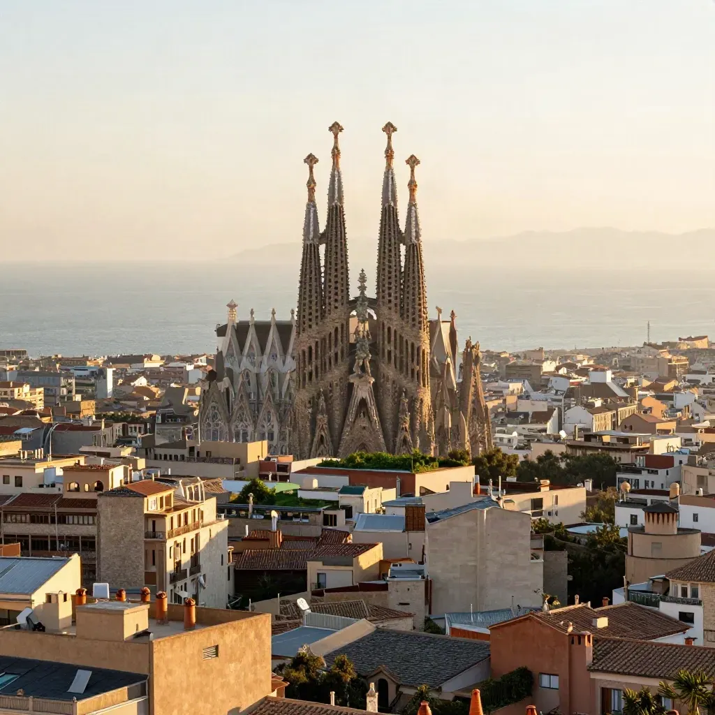La Sagrada Família sobre azoteas de Barcelona al amanecer, con bruma cálida y cielo limpio.