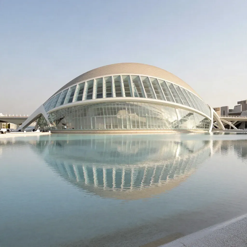 La Ciutat de les Arts y las Ciencias reflejada en agua quieta con cielo limpio y bruma suave.