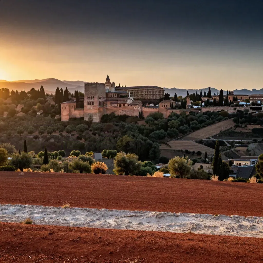 La Alhambra sobre colinas de olivos al atardecer con un primer plano oscuro y amplio.